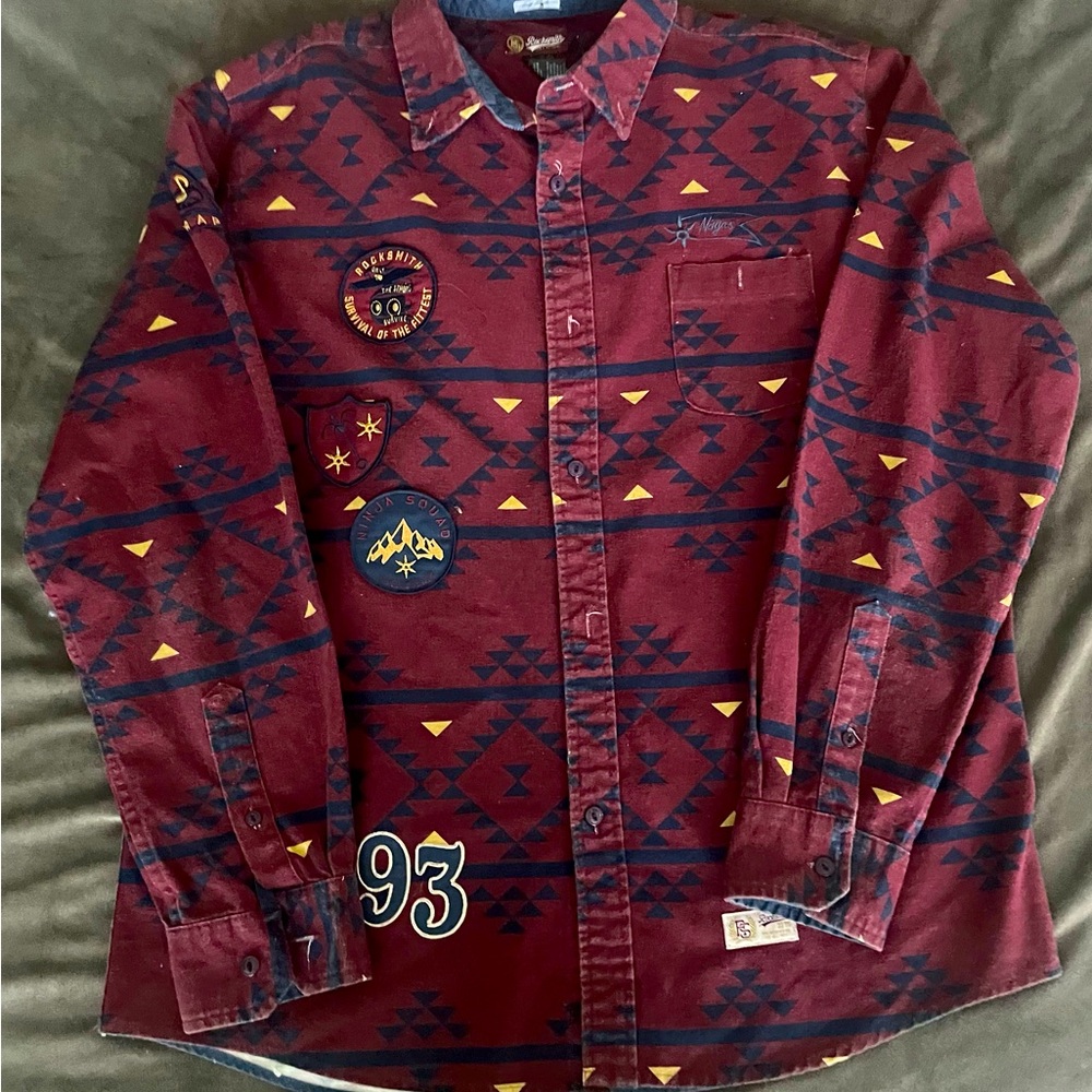 Burgundy and Blue Rocksmith Long Sleeve Button Up